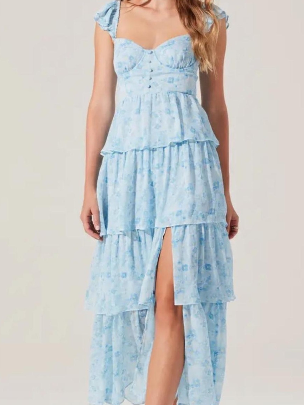 ASTR Light Blue Floral High-Low Tiered Maxi Dress